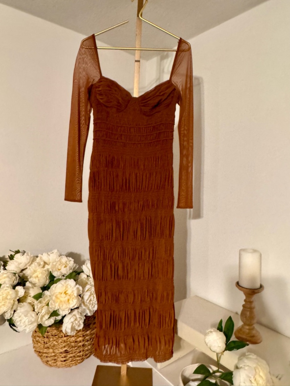 Self-Portrait Rust Brown Ruched Mesh Midi Dress - Picture 3 of 6